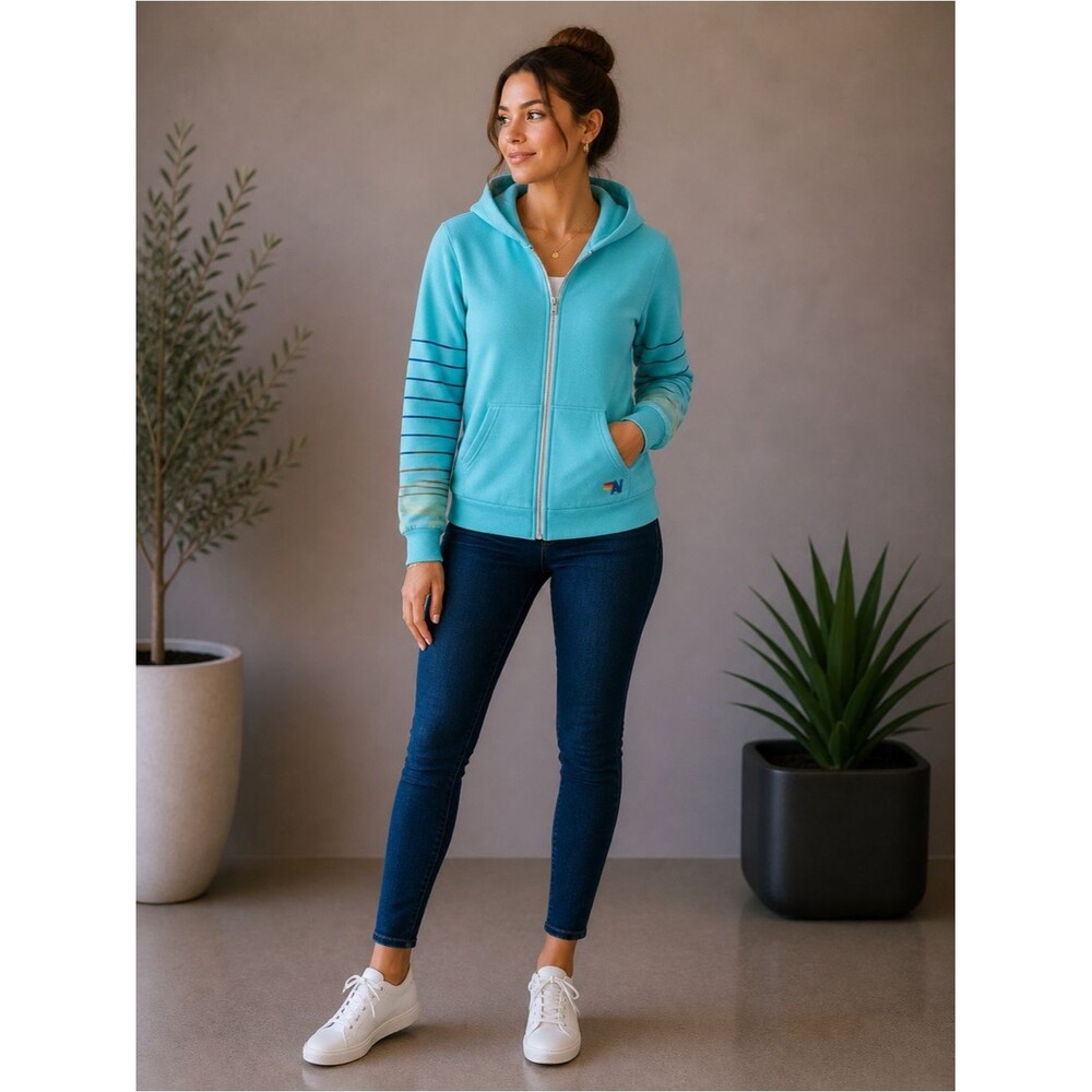 Rare Vintage Aviator Nation Teal Hoodie with Striped Sleeves - Picture 1 of 9